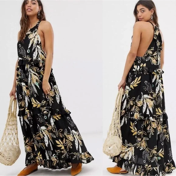 Free People | Dresses | Nwt Free People Anita Printed Apron Front Ruffle  Black Floral Maxi Dress | Poshmark